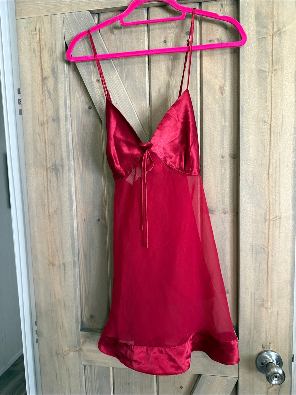 Satin & Sheer Red Slip Dress with Front Tie